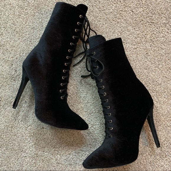 Public Desire Shoes - PUBLIC DESIRE Black VELVET Stiletto SPIKE Heel DOMINATRIX Lace Up POINTY BOOTS 7